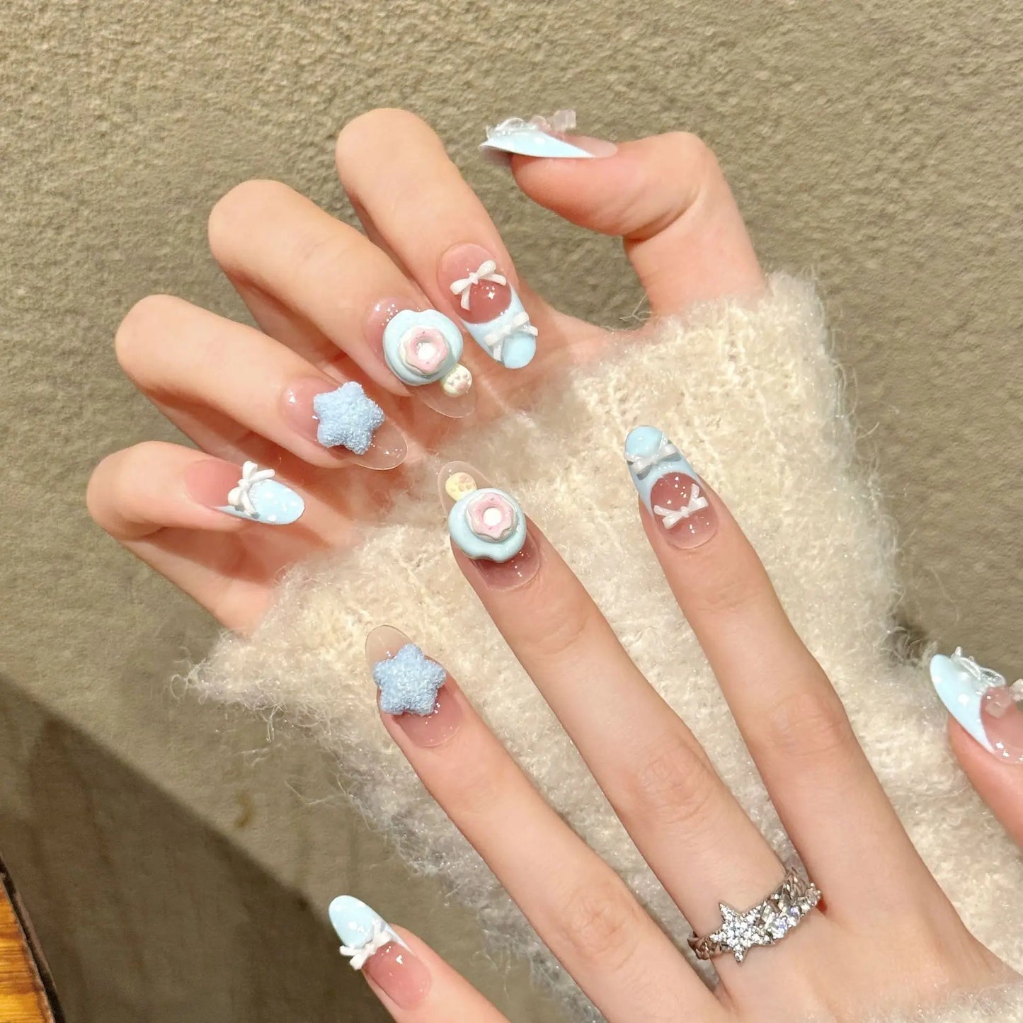 10Pcs Korean Sweet Style Fake Nails Handmade with Blue French Cute Bow Stars Donut Decor Press on Nails Wearable Summer Girls