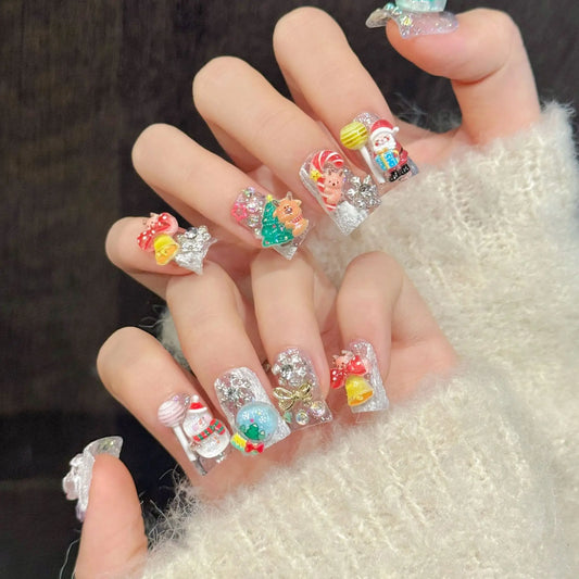 10PCS Christmas Theme False Nails 3D Duckbill Press On with Cute Snowman Design Resin Fake Nails for Girls DIY Manicure Salon