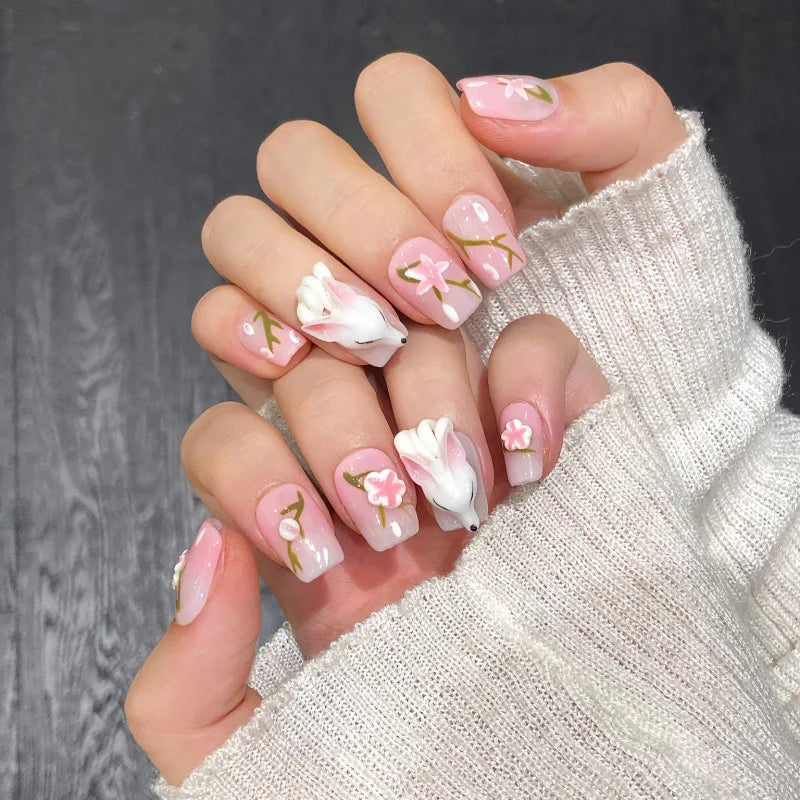 Handmade Pink Press On Nail 10Pcs Ballerina Cute Style False Nail 3D Fox Hand Painted Flower Design Fake Nail Manicure Art