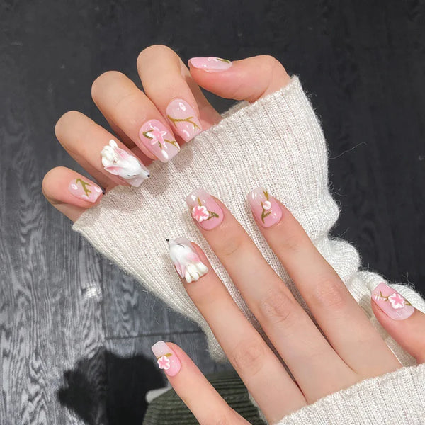 Handmade Pink Press On Nail 10Pcs Ballerina Cute Style False Nail 3D Fox Hand Painted Flower Design Fake Nail Manicure Art