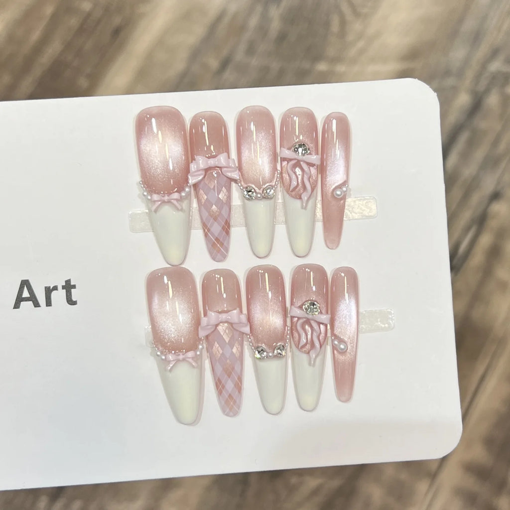 10pcs Sweet Press on Nails with Pink 3D Bow Decor Flash Cat's Eye Fake Nail Wearable Detchable Ins Blush Gradient False  Nail