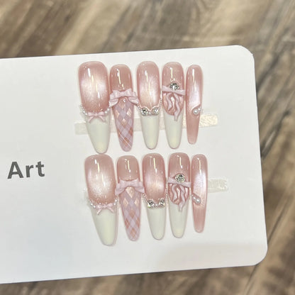 10pcs Sweet Press on Nails with Pink 3D Bow Decor Flash Cat's Eye Fake Nail Wearable Detchable Ins Blush Gradient False  Nail