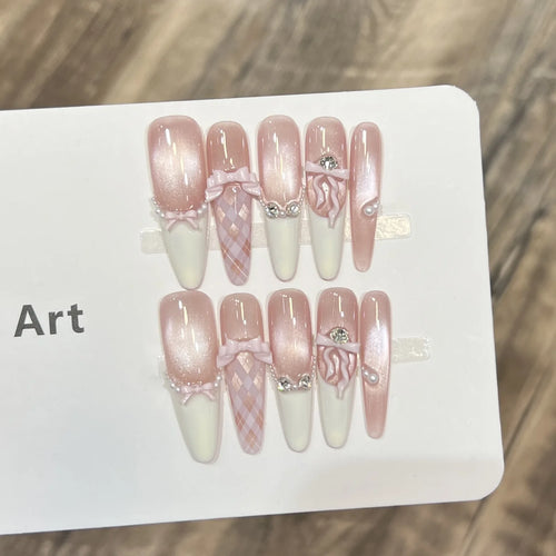 10pcs Sweet Press on Nails with Pink 3D Bow Decor Flash Cat's Eye Fake Nail Wearable Detchable Ins Blush Gradient False  Nail