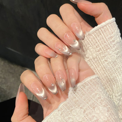 10PCS Sping&Summer Handmade Press on Nails Pink Cat Eye French False Nail with Diamond Decor Wearable Removable For Sweet girl