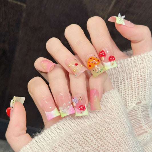 10PCS Handmade Duckbill Press on Nails with Cute 3D Mushroom French Design Fake Nails Art Wearable Nail 네일팁 Накладные Ногти