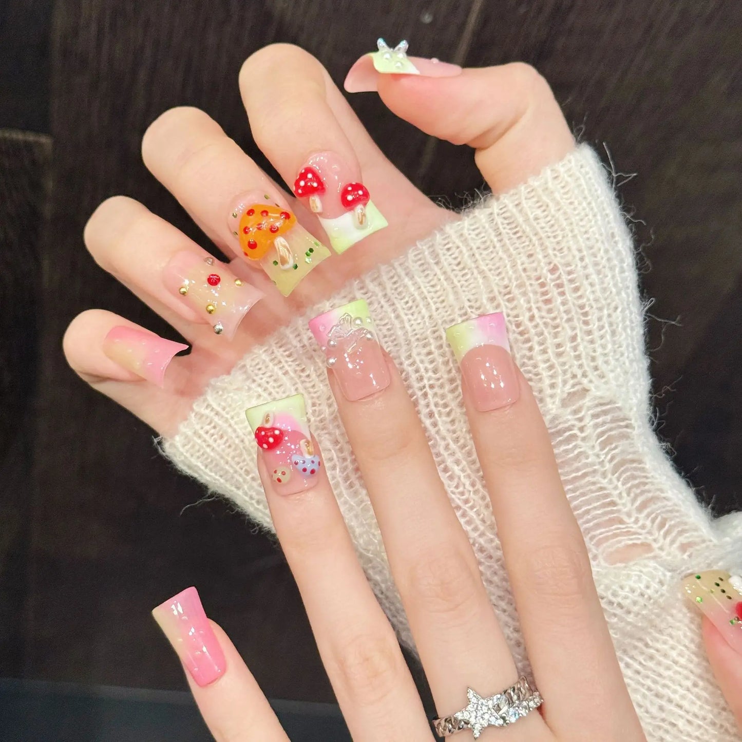 10PCS Handmade Duckbill Press on Nails with Cute 3D Mushroom French Design Fake Nails Art Wearable Nail 네일팁 Накладные Ногти