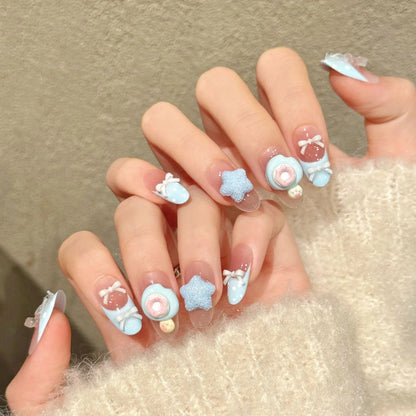10Pcs Korean Sweet Style Fake Nails Handmade with Blue French Cute Bow Stars Donut Decor Press on Nails Wearable Summer Girls