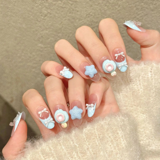 10Pcs Korean Sweet Style Fake Nails Handmade with Blue French Cute Bow Stars Donut Decor Press on Nails Wearable Summer Girls