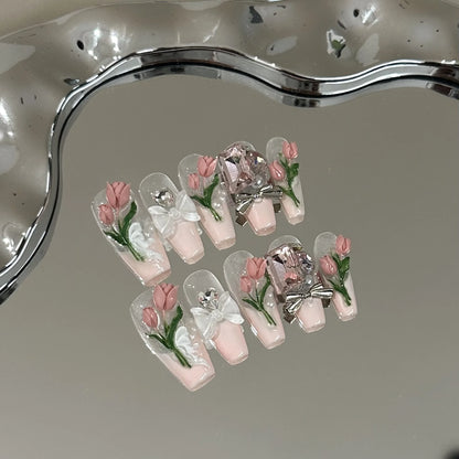 Sping Summer Elegant Press on Nails with 3D Tulip Flowers Bow Pearls Decor Fake Nail Art Handmade Pink French Tip False Nails