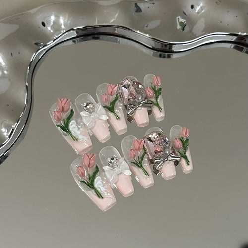 Sping Summer Elegant Press on Nails with 3D Tulip Flowers Bow Pearls Decor Fake Nail Art Handmade Pink French Tip False Nails