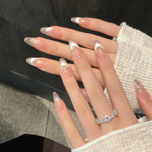 10PCS Sping&Summer Handmade Press on Nails Pink Cat Eye French False Nail with Diamond Decor Wearable Removable For Sweet girl